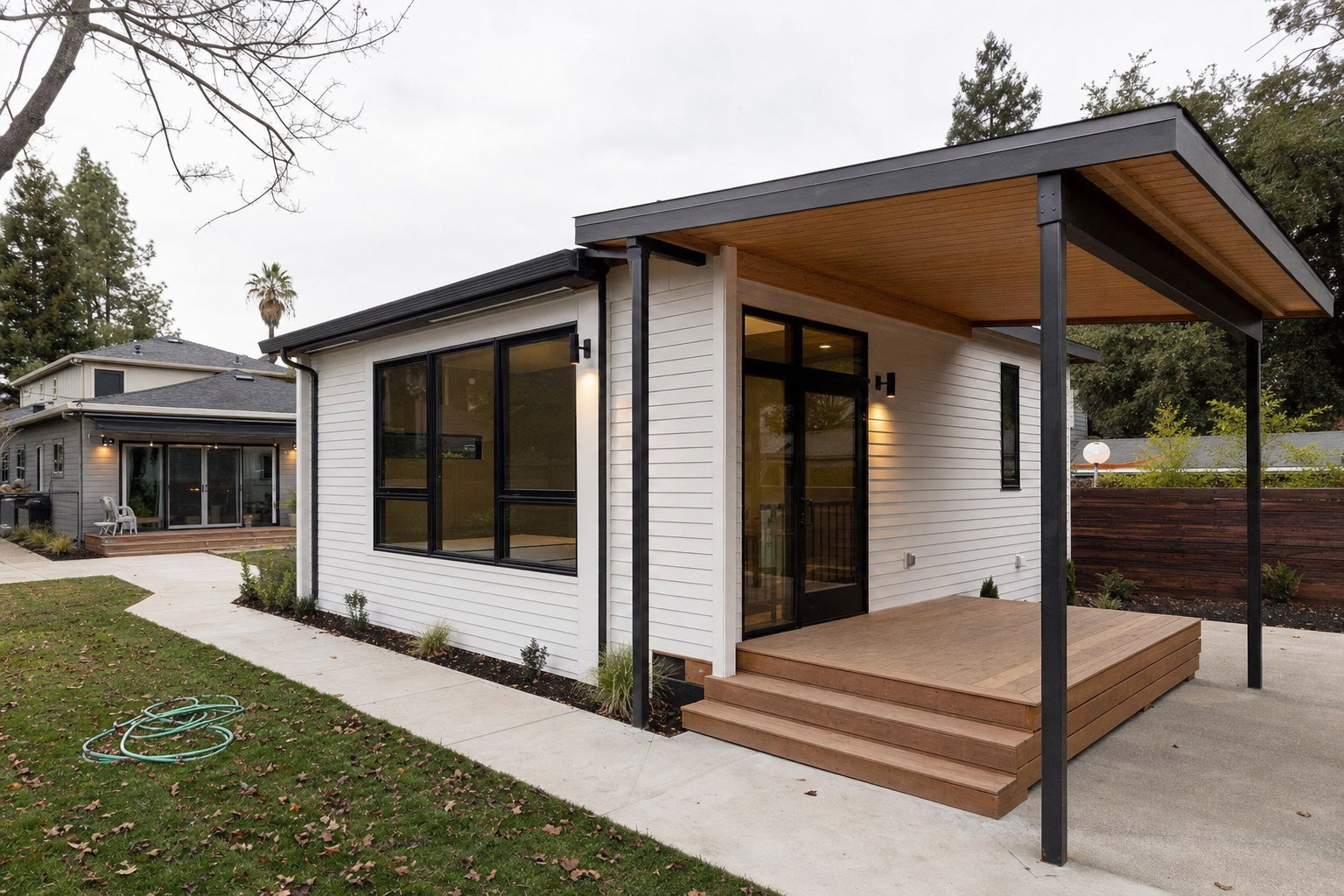 Newly completed modern detached backyard ADU in a Northern California neighborhood